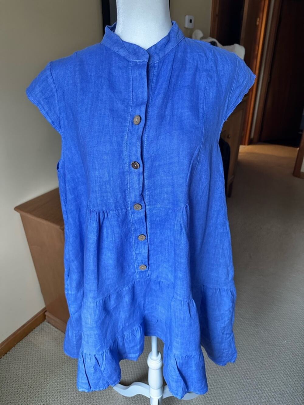 COLETTE Italy 100% Linen Tiered‎ Smock Dress Blue Lagenlook Boho Medium